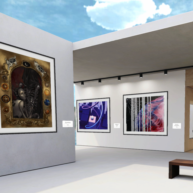 A screenshot of a virtual art gallery showing Psyche Inspired art on the walls.