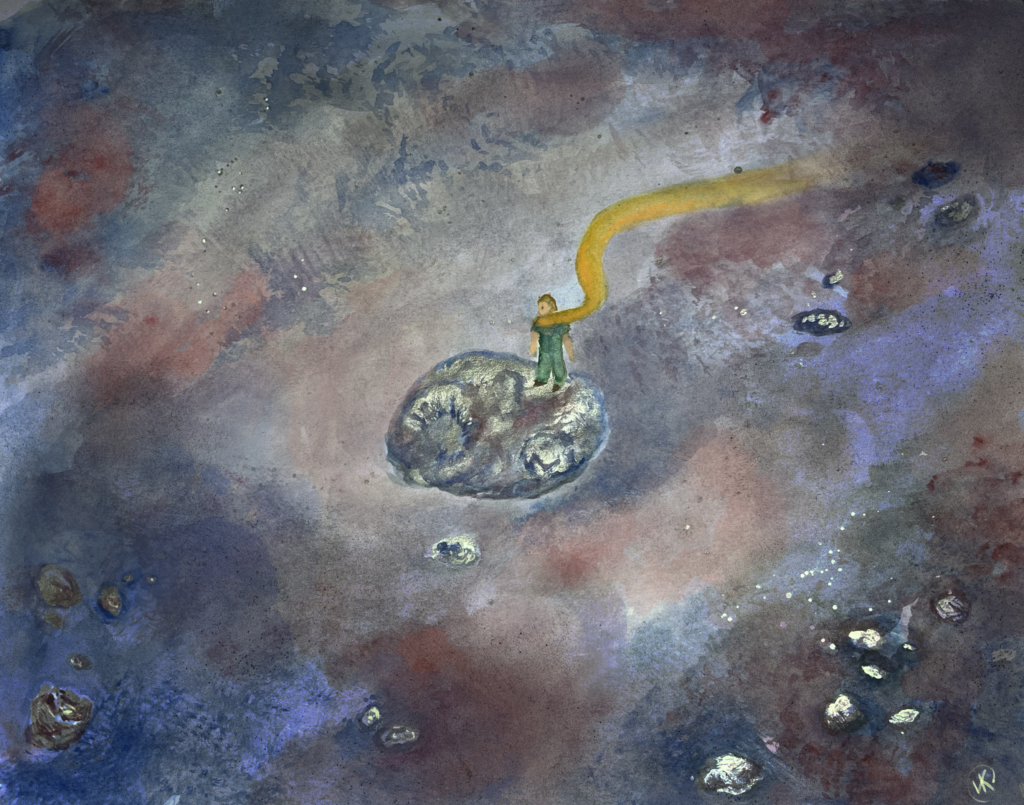 A little prince draped in a gold scarf and dressed in green stands on an asteroid scarcely larger than himself. The prince looks small compared to the vast sea of stars and the rocks that surround him. The asteroid gleams in metallic silver ink contrasted by purple and blue shadows, which reach into numerous craters on the surface.