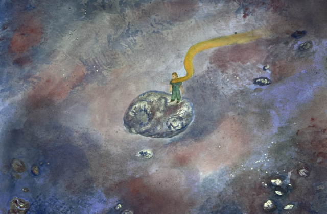 A little prince draped in a gold scarf and dressed in green stands on an asteroid scarcely larger than himself. The prince looks small compared to the vast sea of stars and the rocks that surround him. The asteroid gleams in metallic silver ink contrasted by purple and blue shadows, which reach into numerous craters on the surface.